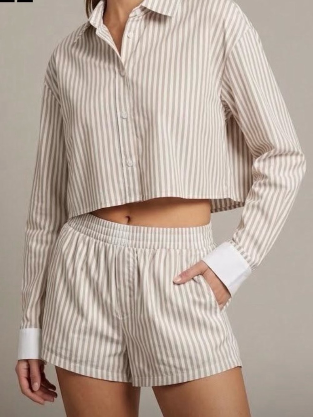 Cropped Stripe Pajama Set in Beige & White